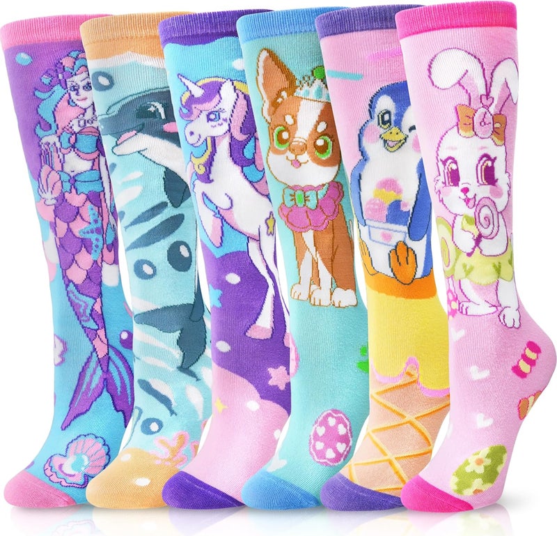 ANTSANG Kids Girls Knee High Socks Fashion Funny Crazy Stockings Gift Cute Novelty Long Boot Cotton Socks for Child 6 Pairs - Image 1